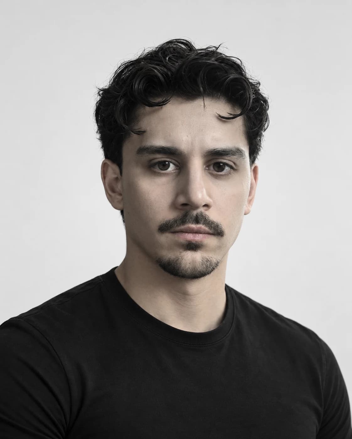 Black-and-white studio-style portrait of Hugo Hompe in a plain black T-shirt